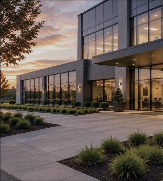 Commercial office building at sunset
