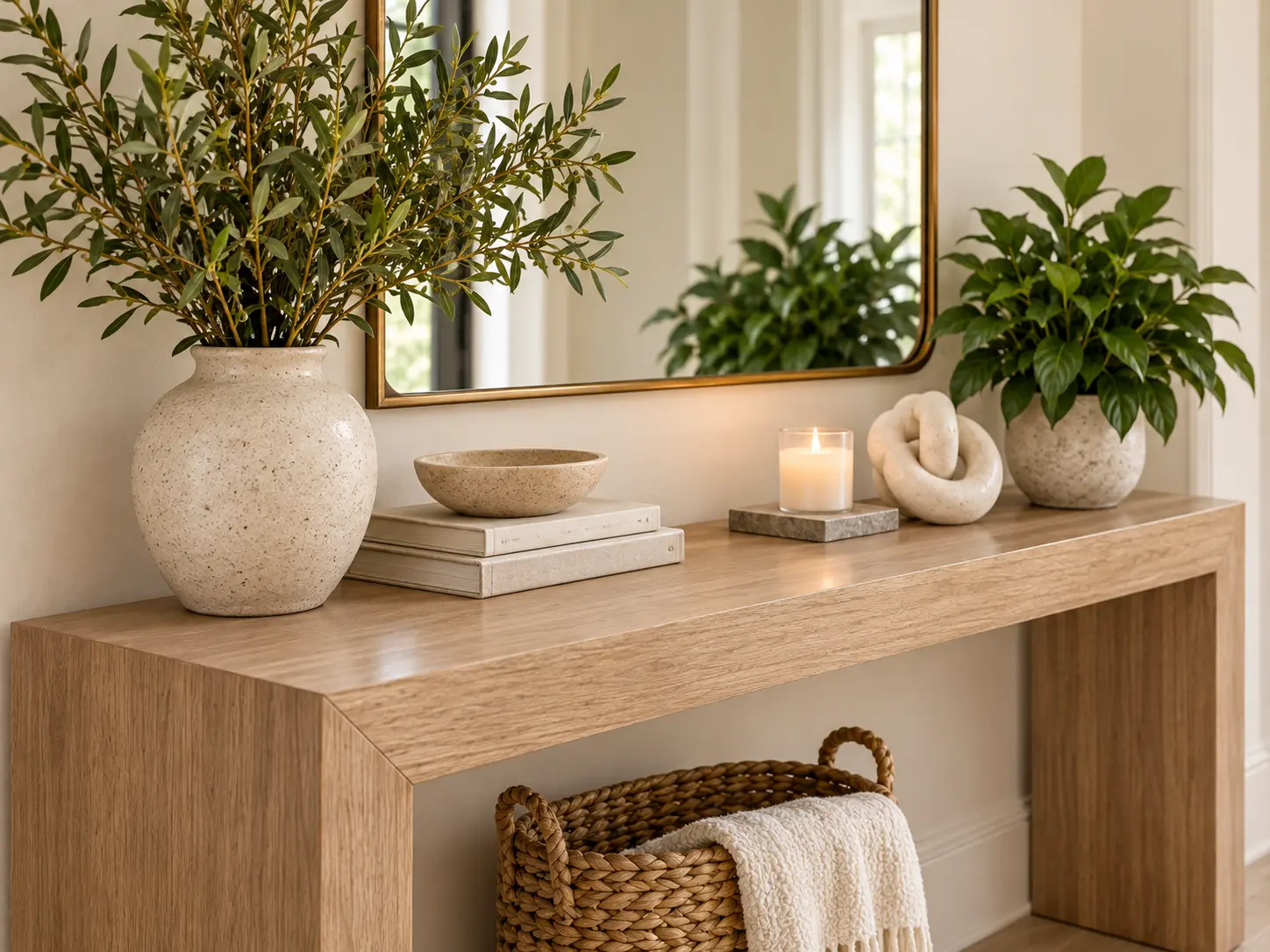 Welcoming entrance table with mirror, plants and decorative pieces