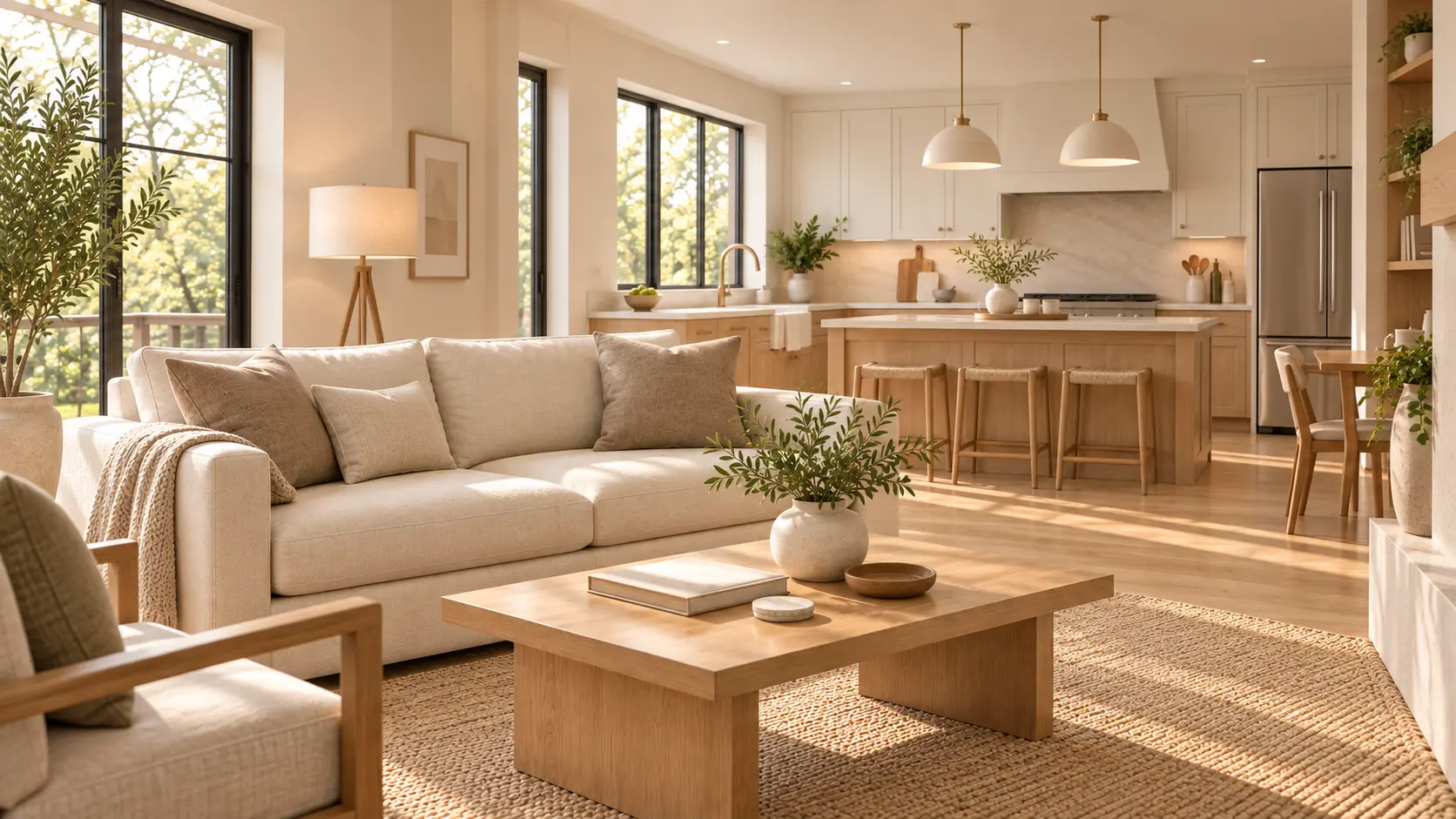 Bright, professionally prepared living room and kitchen