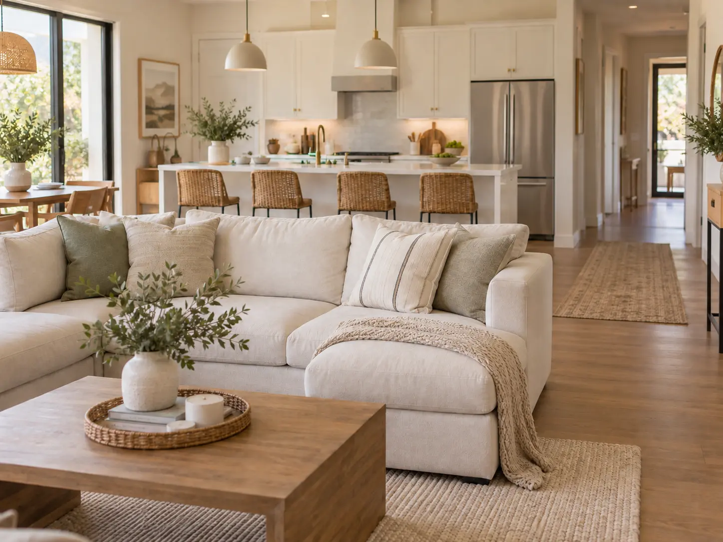 Immaculate, guest-ready living room and kitchen